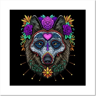 Sugar Skull Wolf Day of The Dead Dia De Los Muertos Halloween Posters and Art